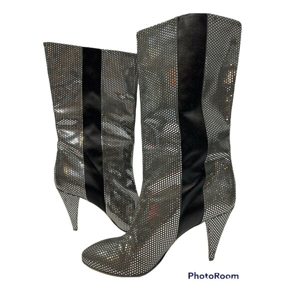 Alchimia di Ballin Silver Mizar Tuxedo Leather Mid Calf Boots IT 40 US 10 $1095 - Picture 1 of 7